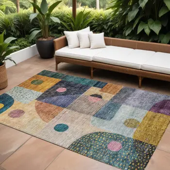 10' X 14' Green Purple And Blue Geometric Washable Indoor Outdoor Area Rug