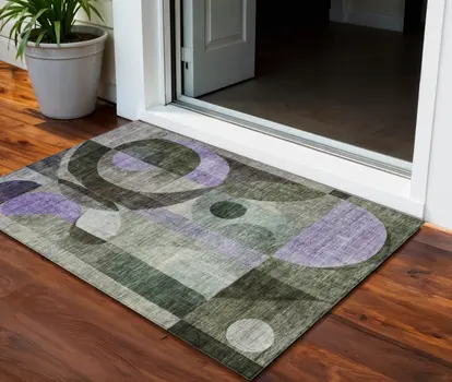 3' X 5' Olive Green Purple And Gray Geometric Washable Indoor Outdoor Area Rug