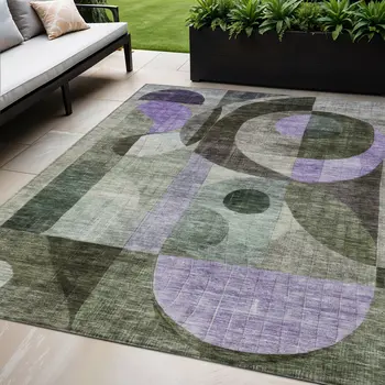 5' X 8' Olive Green Purple And Gray Geometric Washable Indoor Outdoor Area Rug