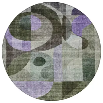 8' Olive Green Purple And Gray Round Geometric Washable Indoor Outdoor Area Rug