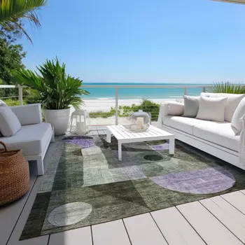 8' X 10' Olive Green Purple And Gray Geometric Washable Indoor Outdoor Area Rug