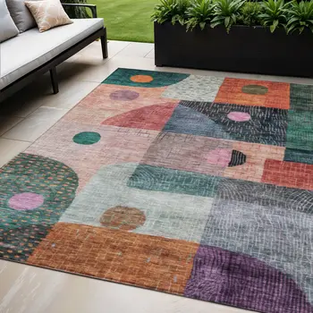 5' X 8' Orange Purple And Green Geometric Washable Indoor Outdoor Area Rug