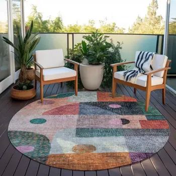 8' Orange Purple And Green Round Geometric Washable Indoor Outdoor Area Rug