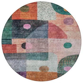 8' Orange Purple And Green Round Geometric Washable Indoor Outdoor Area Rug