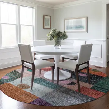 8' Orange Purple And Green Round Geometric Washable Indoor Outdoor Area Rug