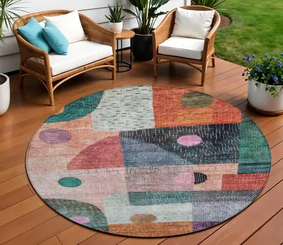 8' Orange Purple And Green Round Geometric Washable Indoor Outdoor Area Rug