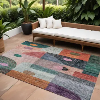 10' X 14' Orange Purple And Green Geometric Washable Indoor Outdoor Area Rug