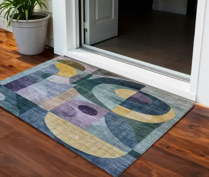 3' X 5' Blue Purple And Copper Abstract Washable Indoor Outdoor Area Rug
