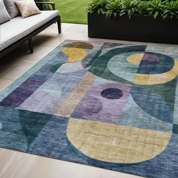5' X 8' Blue Purple And Copper Abstract Washable Indoor Outdoor Area Rug