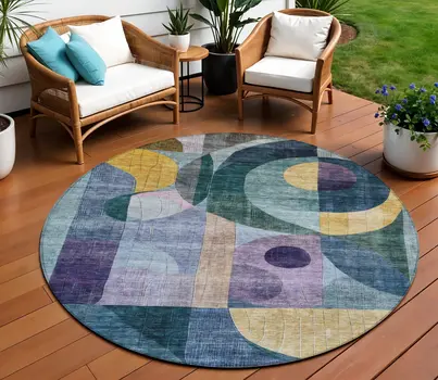 8' Blue Purple And Copper Round Abstract Washable Indoor Outdoor Area Rug