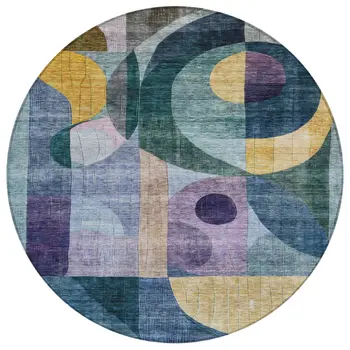 8' Blue Purple And Copper Round Abstract Washable Indoor Outdoor Area Rug
