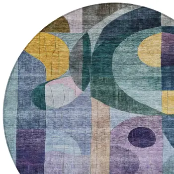 8' Blue Purple And Copper Round Abstract Washable Indoor Outdoor Area Rug