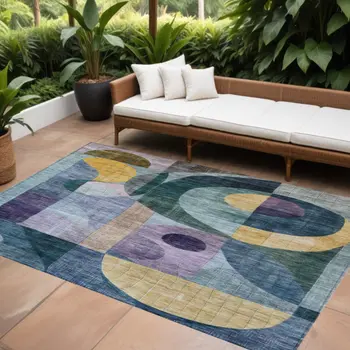 8' X 10' Blue Purple And Copper Abstract Washable Indoor Outdoor Area Rug