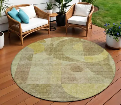 8' Wheat And Brown Round Abstract Washable Indoor Outdoor Area Rug