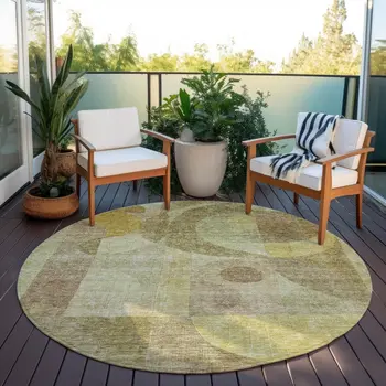 8' Wheat And Brown Round Abstract Washable Indoor Outdoor Area Rug