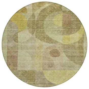 8' Wheat And Brown Round Abstract Washable Indoor Outdoor Area Rug