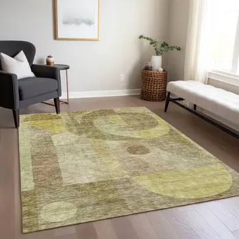 10' X 14' Wheat And Brown Abstract Washable Indoor Outdoor Area Rug