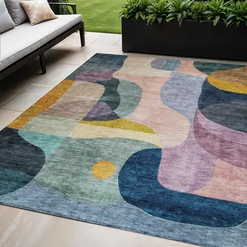 5' X 8' Green Purple And Pink Abstract Washable Indoor Outdoor Area Rug
