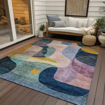 5' X 8' Green Purple And Pink Abstract Washable Indoor Outdoor Area Rug