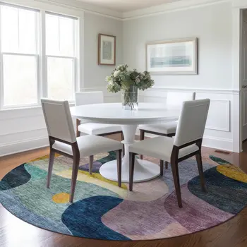 8' Green Purple And Pink Round Abstract Washable Indoor Outdoor Area Rug