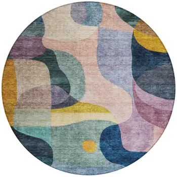 8' Green Purple And Pink Round Abstract Washable Indoor Outdoor Area Rug