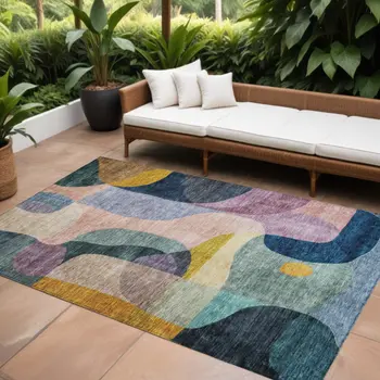 9' X 12' Green Purple And Pink Abstract Washable Indoor Outdoor Area Rug