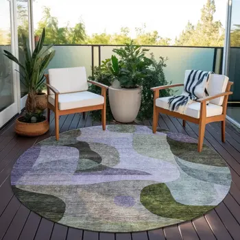 8' Olive Green Purple And Charcoal Round Abstract Washable Indoor Outdoor Area Rug