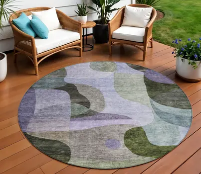 8' Olive Green Purple And Charcoal Round Abstract Washable Indoor Outdoor Area Rug