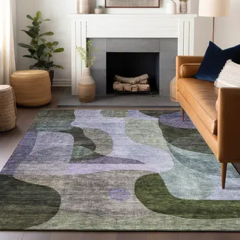 9' X 12' Olive Green Purple And Charcoal Abstract Washable Indoor Outdoor Area Rug