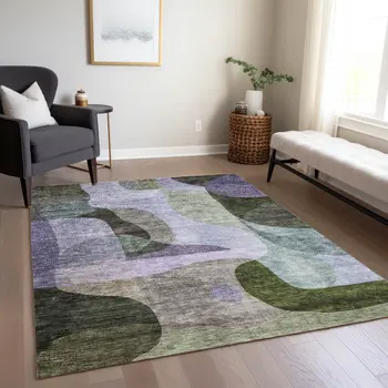 9' X 12' Olive Green Purple And Charcoal Abstract Washable Indoor Outdoor Area Rug