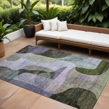 10' X 14' Olive Green Purple And Charcoal Abstract Washable Indoor Outdoor Area Rug