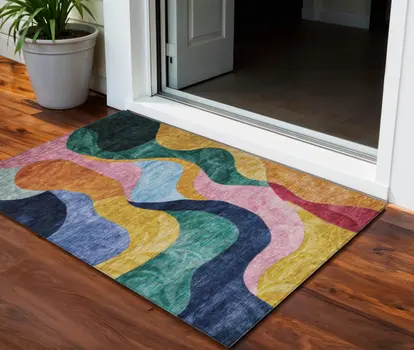 3' X 5' Green Orange And Pink Abstract Washable Indoor Outdoor Area Rug
