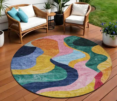 8' Green Orange And Pink Round Abstract Washable Indoor Outdoor Area Rug