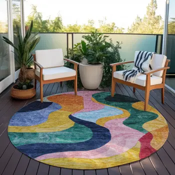 8' Green Orange And Pink Round Abstract Washable Indoor Outdoor Area Rug