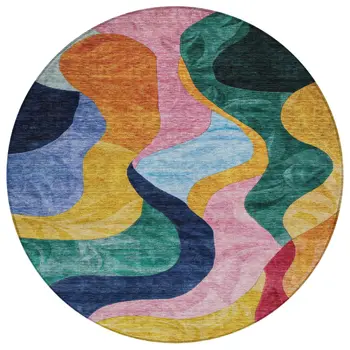 8' Green Orange And Pink Round Abstract Washable Indoor Outdoor Area Rug