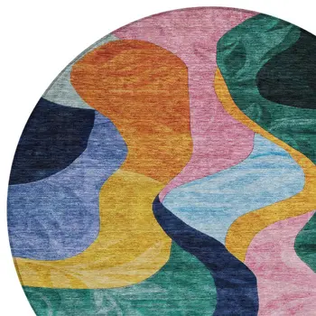 8' Green Orange And Pink Round Abstract Washable Indoor Outdoor Area Rug