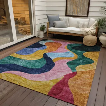 8' X 10' Green Orange And Pink Abstract Washable Indoor Outdoor Area Rug
