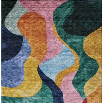 9' X 12' Green Orange And Pink Abstract Washable Indoor Outdoor Area Rug