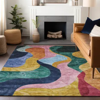 9' X 12' Green Orange And Pink Abstract Washable Indoor Outdoor Area Rug
