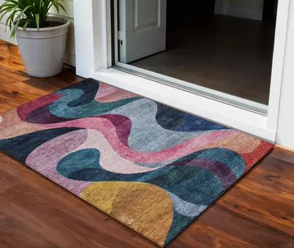 3' X 5' Green Pink And Gray Abstract Washable Indoor Outdoor Area Rug