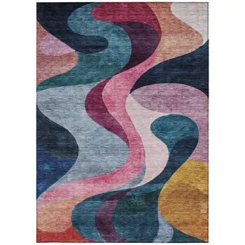 5' X 8' Green Pink And Teal Blue Abstract Washable Indoor Outdoor Area Rug