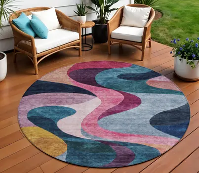 8' Green Pink And Teal Blue Round Abstract Washable Indoor Outdoor Area Rug