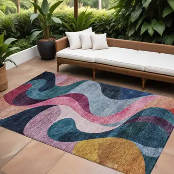 8' X 10' Green Pink And Teal Blue Abstract Washable Indoor Outdoor Area Rug