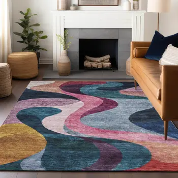 9' X 12' Green Pink And Teal Blue Abstract Washable Indoor Outdoor Area Rug