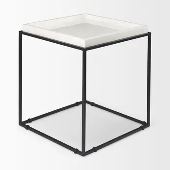 20" White and Black Marble and Metal Square Frame End Table