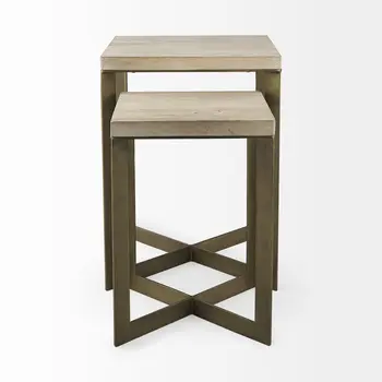 Set of Two Natural and Gold Solid Wood and Metal Square Cross Legs Nested Tables