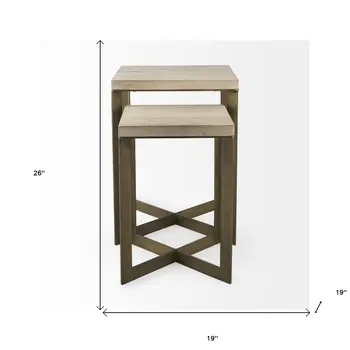 Set of Two Natural and Gold Solid Wood and Metal Square Cross Legs Nested Tables