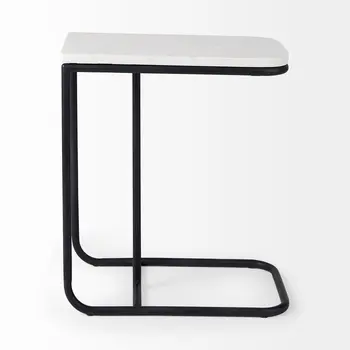 23" Black And White Marble and Metal C Table End Table