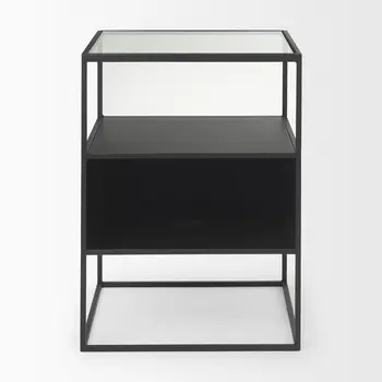21" Clear and Black Glass and Metal Square Frame End Table With Two Shelves