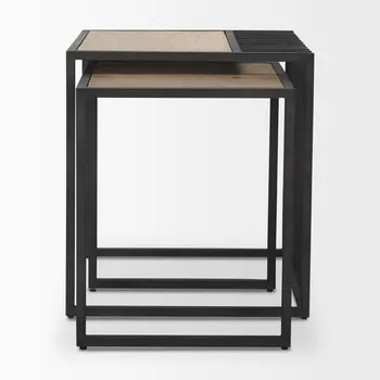 Set of Two Natural and Black Solid Wood and Metal Square Sled Nested Tables